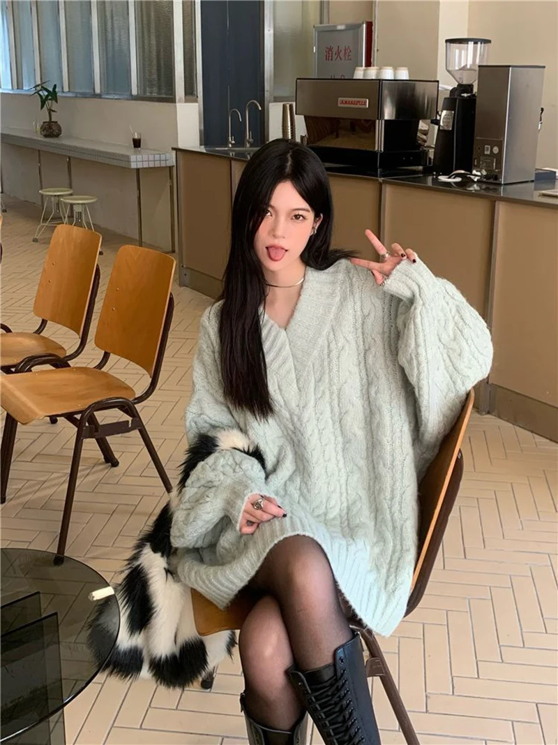 Oversized Sweater Women Fashion Preppy Pink V Neck Knitted Pullovers Harajuku Korean Long Sleeve Knitwear Winter Jumpers