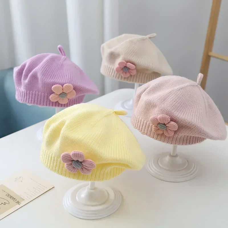 Solid Color Flower Baby Beret Hat Winter Warm Knitted Beanie Cap for Infant Girls Korean Toddler Princess Artist Painter Caps