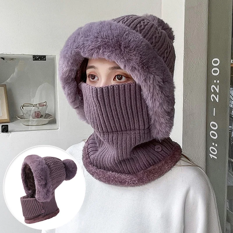 Winter Warm Fleece Lined Mask Beanies With Hairball Knitted Balaclava Hats Outdoor Cycling Windproof Hooded Neck Gaiter