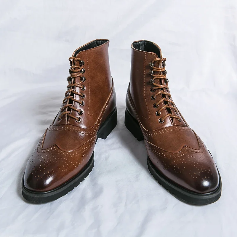 Brown Brogue Men Short Boots Lace-up Ankle Handmade Square Toe Motorcycle Boots leather boots mens leather boots motorcycle leather boots