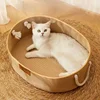 Japanese Pet Cat Bed Oval Shape Hand Woven Rattan Cat Beds Summer Cooling Kitten Basket Cotton Rope Cat Scratching Baskets