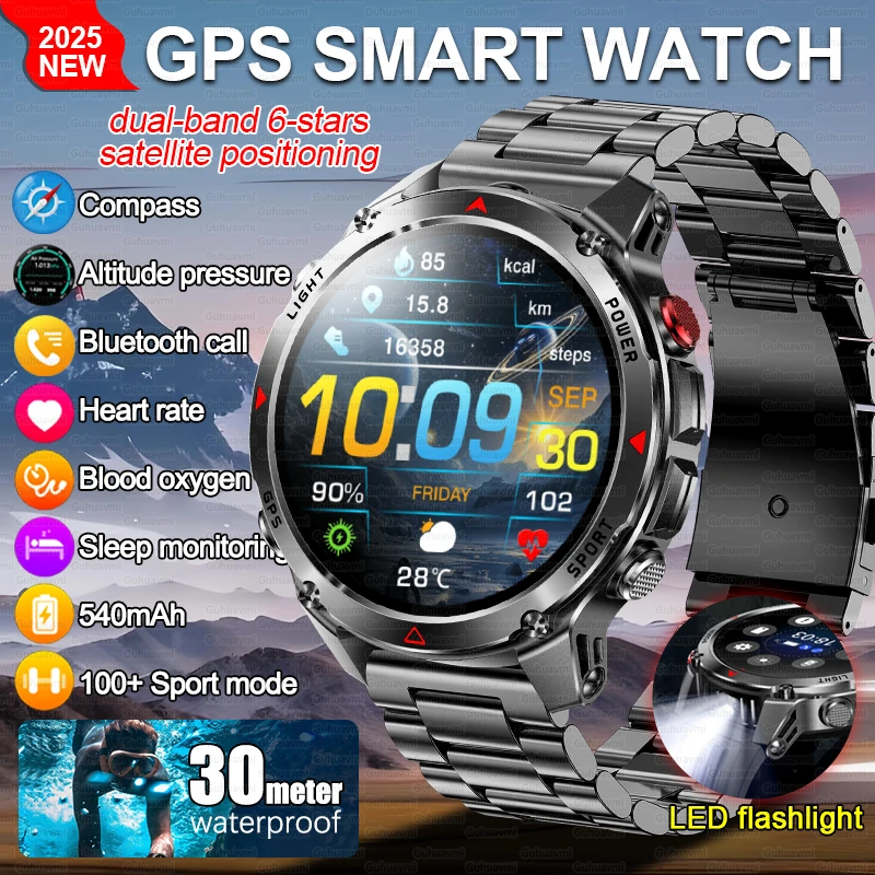 2025 New GPS smart watches Men Military Grade 3ATM Waterproof Swimming Compass Altitude 540mAh Bluetooth Call Sport Watches male