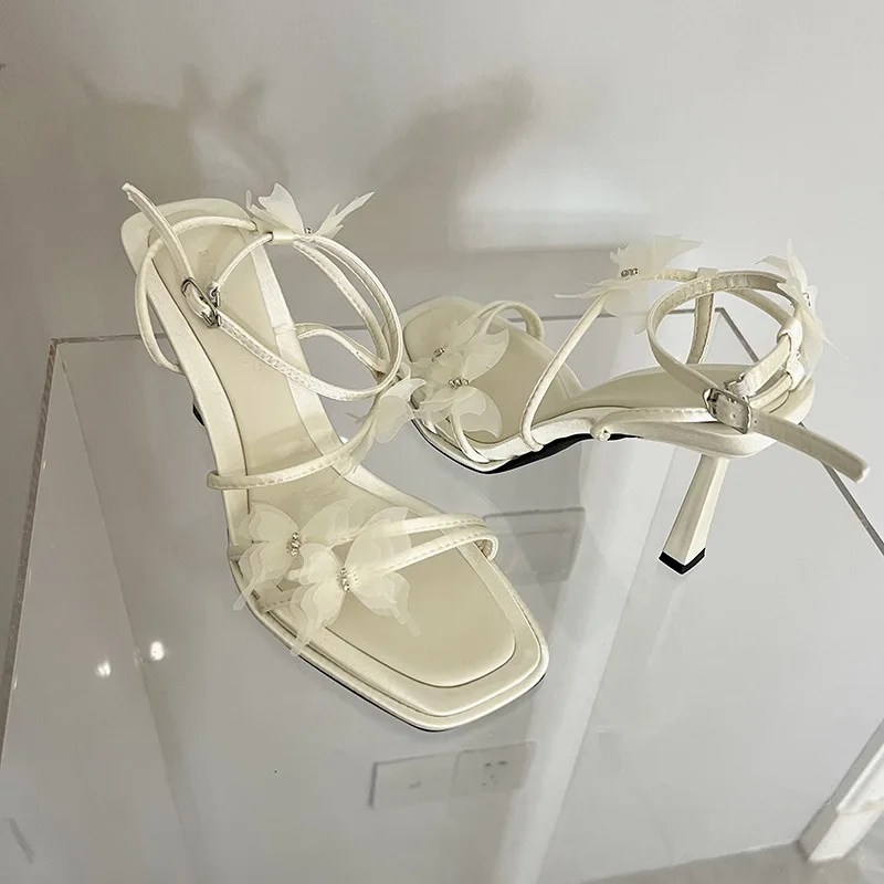 

High Heel Sandal for Women Buckle Strap Clear Shoes 2024 Summer Suit Female Beige Riband Square Toe High-heeled Girls Sexy Rhine