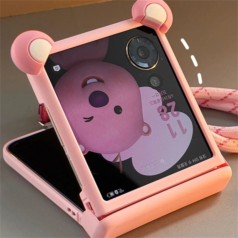 Korean Cute Cartoon Anime Pink Ear Phone Case with Hand Strap Cover