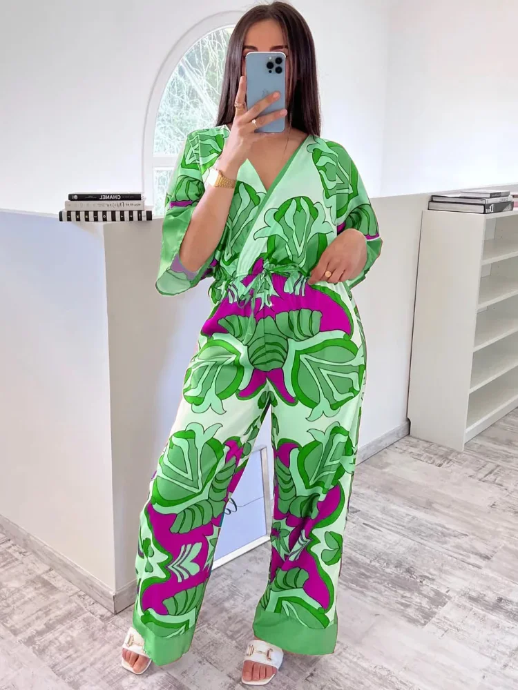 

WUHE Print Deep V-neck Short Sleeve Women Jumpsuit 2024 Club Party Sexy Rompers Wide Leg Bodycon Chic One Piece Overall Playsuit