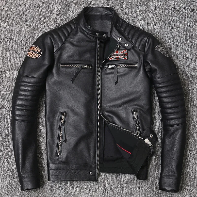 Chaqueta de cuero genuino para motocicleta para hombres, estilo chaquetas de motociclista, abrigo de primavera de piel de vaca delgada