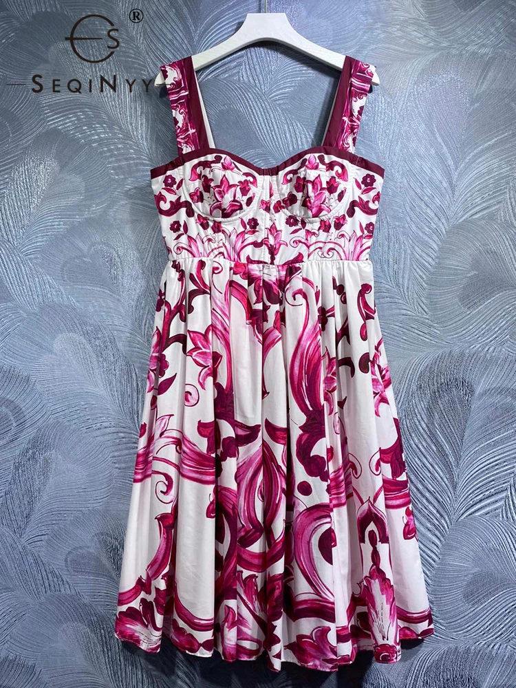 

SEQINYY 100% Cotton Dress Summer Spring New Fashion Design Women Runway High Quality Strapless Vintage Sicily Red Flowers Print