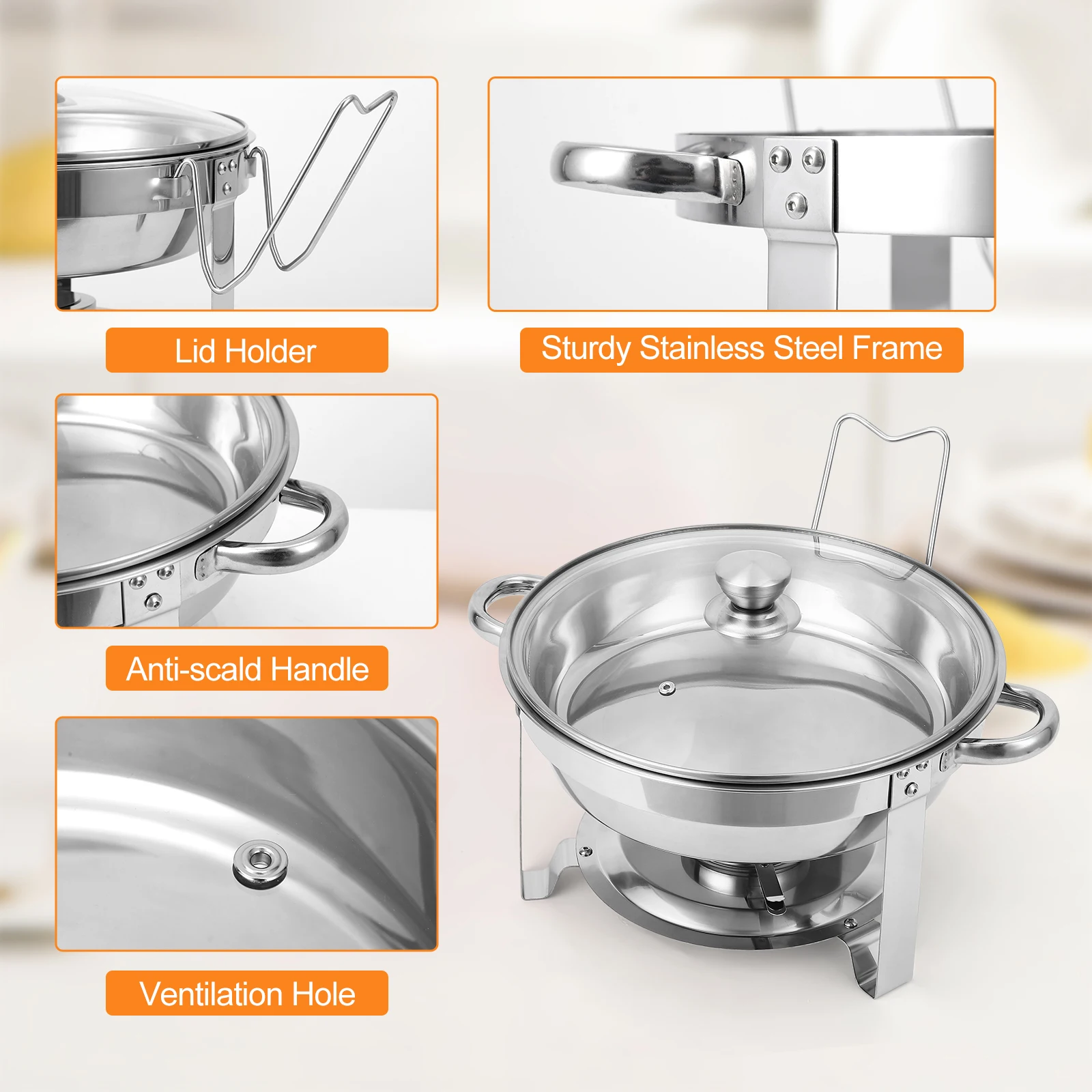 2 Pack Chafing Dish Buffet Set, 5QT Stainless Steel Chafer for Catering, Round Buffet Warmer Server with Glass Lid Water Pan Lid