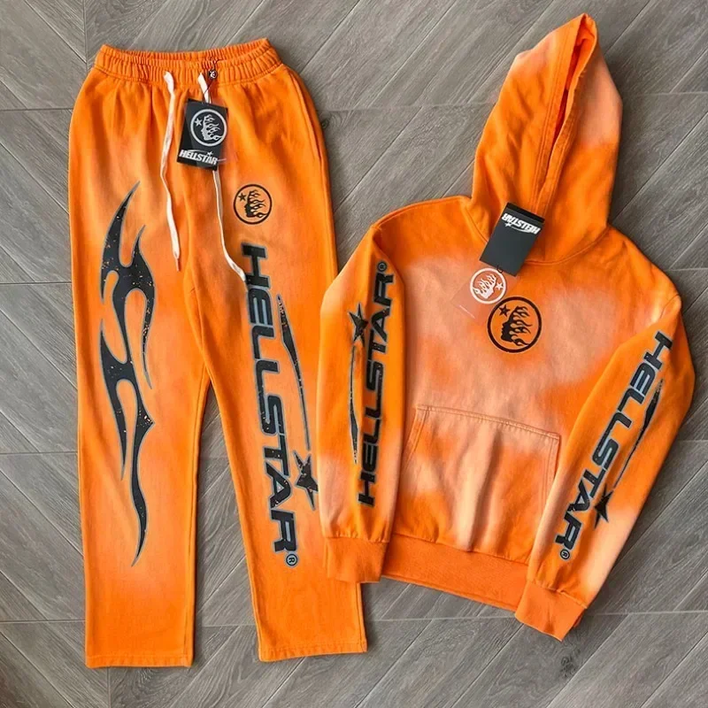 

24ss HELLSTAR Y2K Fire Orange Hoodies For Men Women 1:1 Top Quality Washed Oversized Casual Pullovers