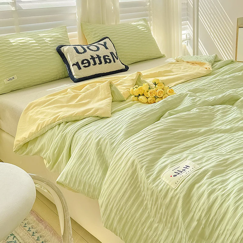 Korean Style Seersucker Washed Cotton Summer Quilt Four-Piece Set Bare Sleeping Quilt Summer Blanket Airable Cover summer quilt,summer quilt set,bed comforter