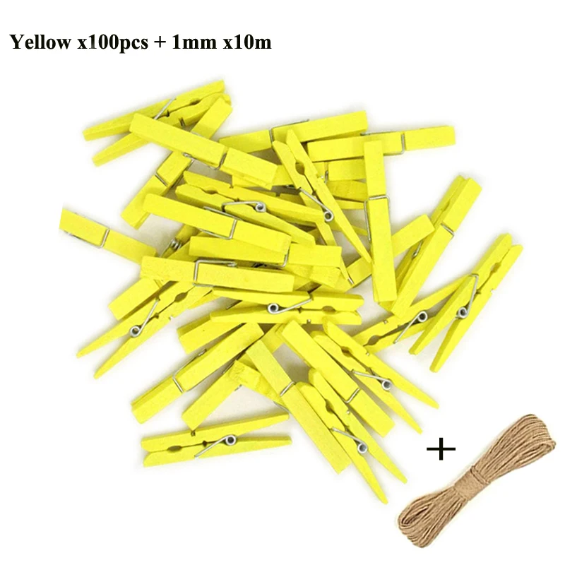 Mini Wood Clothespins with Hemp Rope for Crafts and Photo Displays, Pack of 50