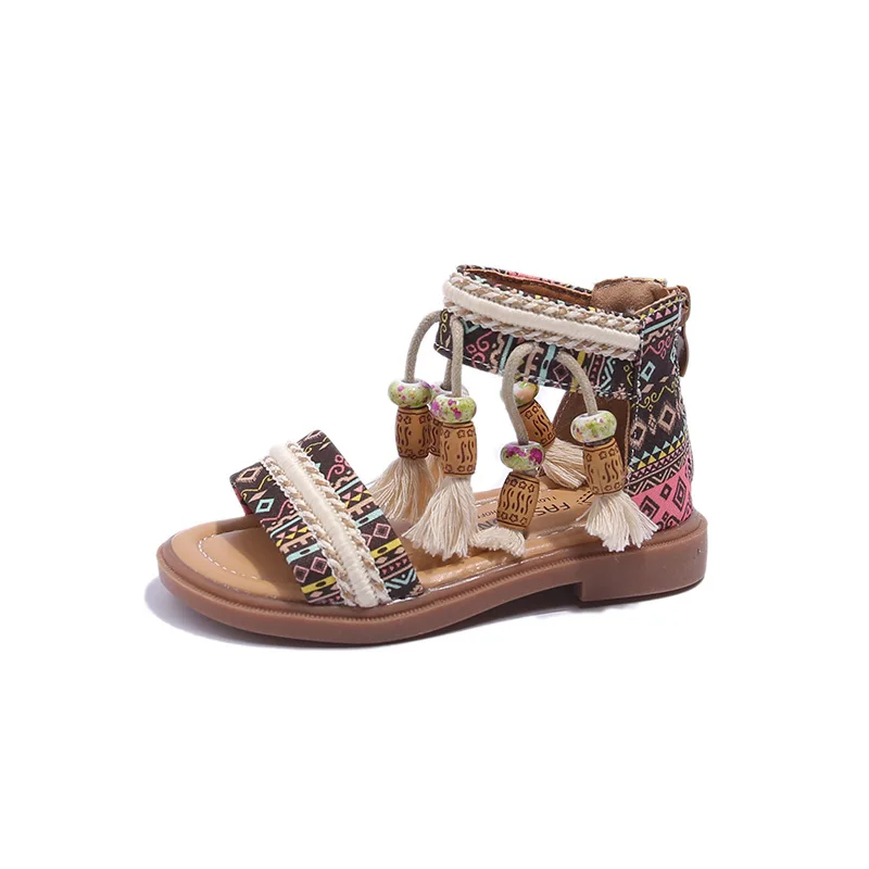 

Summer Bohemian Princess Shoes Kids Fashion Beach Sandals Colorful Beaded Fringe Girls Sandal 2-12Years Old Kids Shoes soft