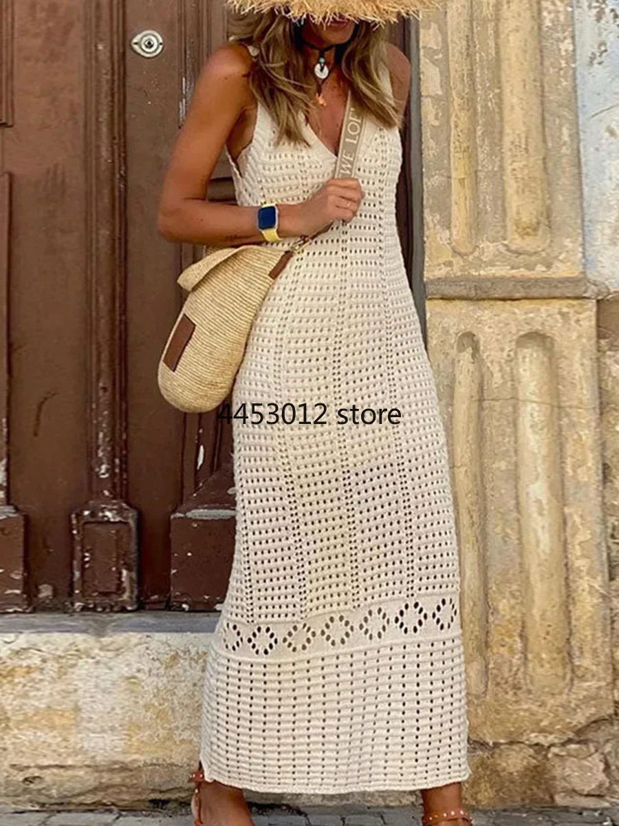 S-XL 2025 V Neck Hollow Out Crochet Knitted Tunic Beach Cover