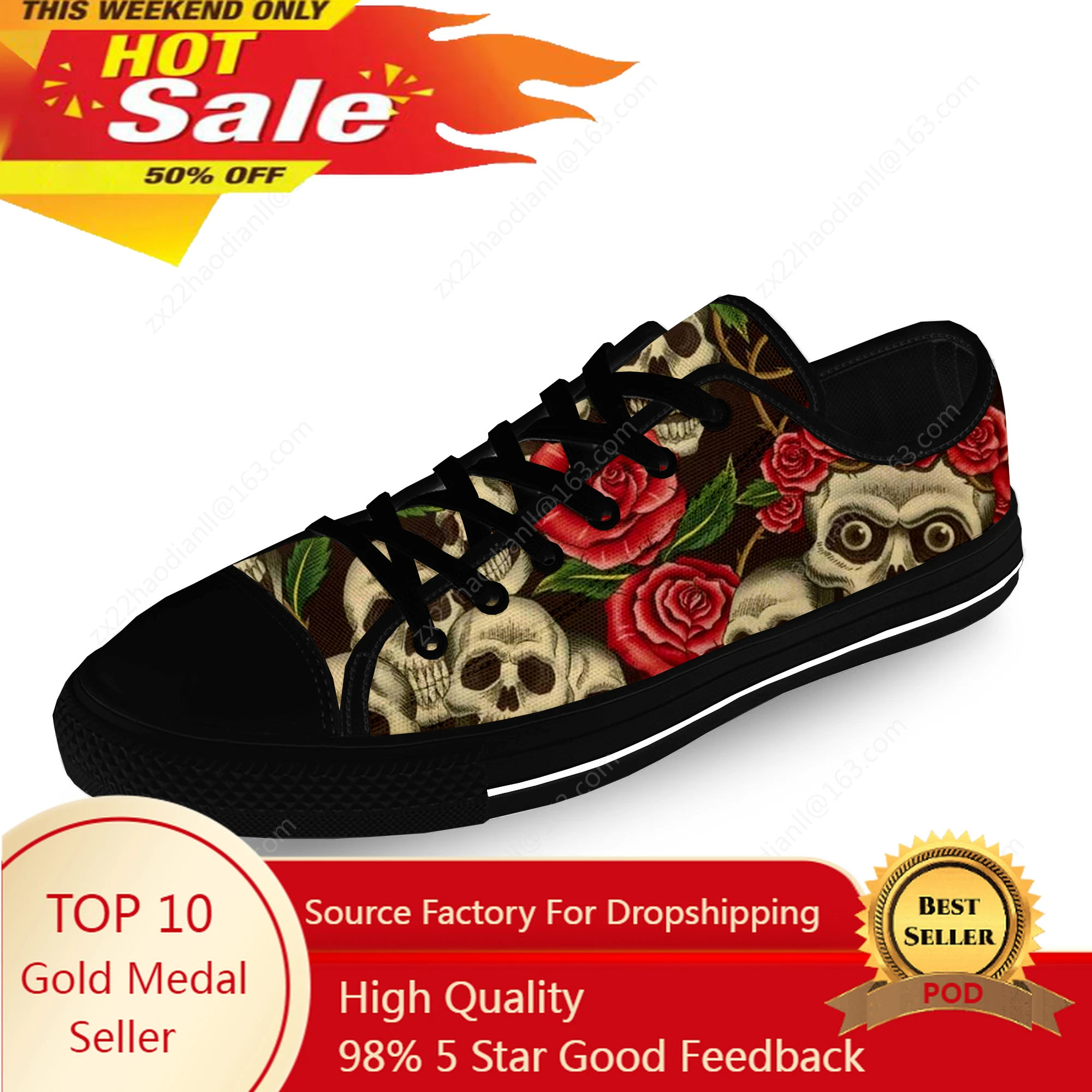 Sugar Skull Rose Flower Hot Funny Casual Cloth Fashion 3D Print Low Top Canvas Shoes Men Women Lightweight Breathable Sneakers