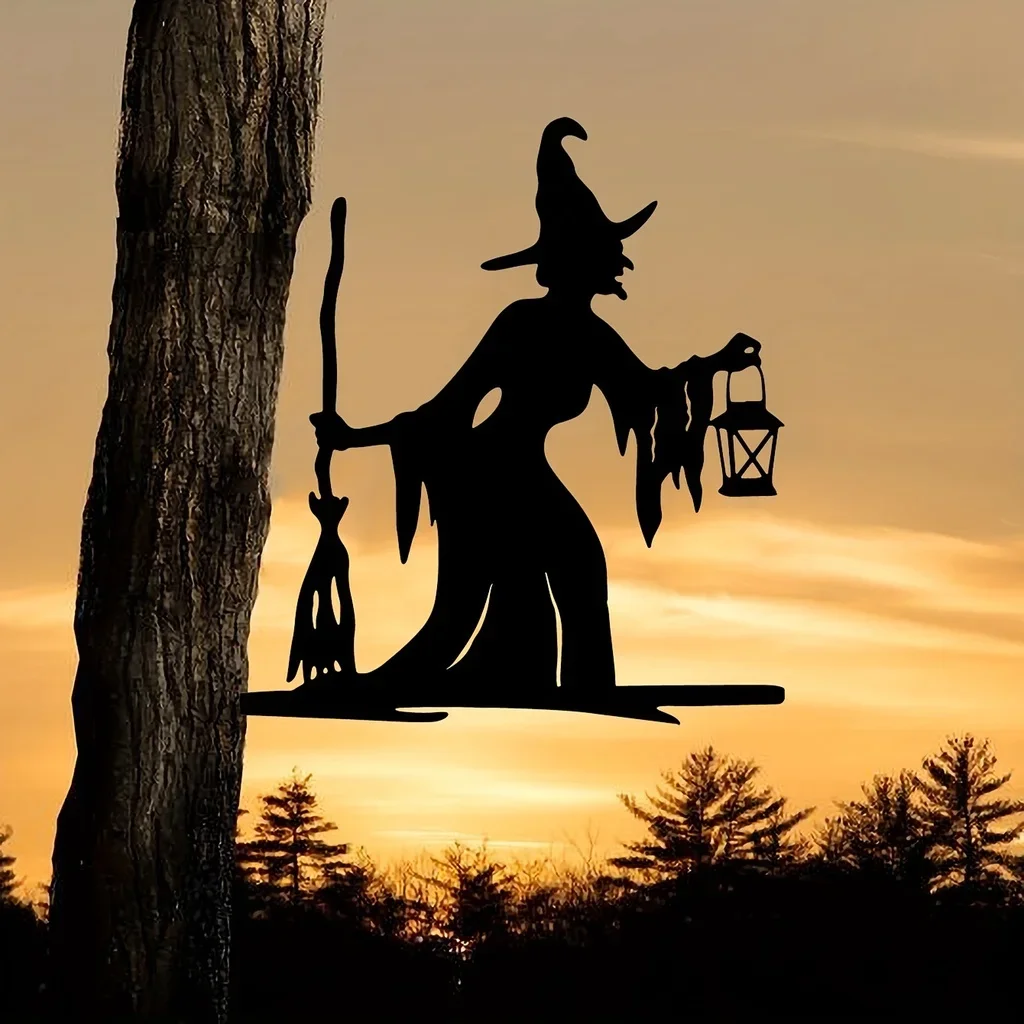 

1pc Witch Lantern On Branch Steel Silhouette Metal Wall Art Home Outdoor Garden Yard Patio Statue Stake Decoration Perfect