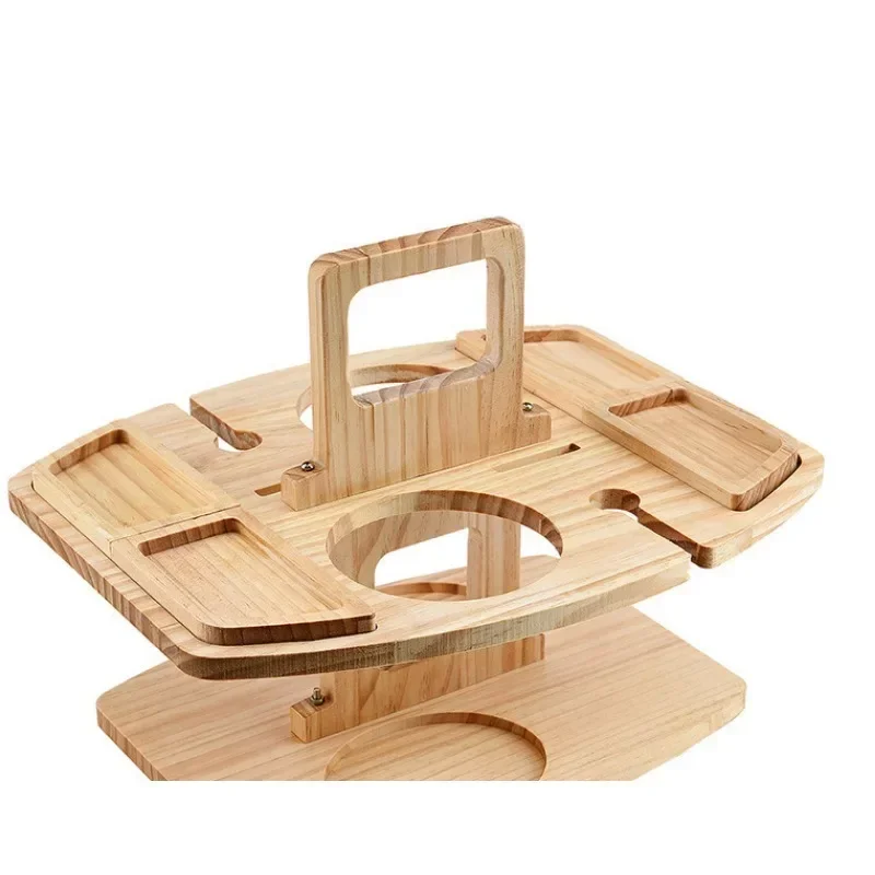 Portable Wooden Picnic Table Carry Handle Outdoor Folding Wine Table Removable Wine Glass Holder Folding Low Snack Tray