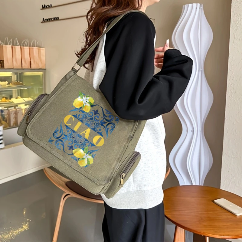 Retro Women's Shoulder Bag Lemon Print Men's Crossbody Bag Large Capacity Messenger Bag Laptop Bag