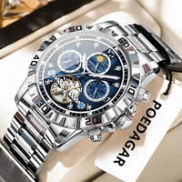 POEDAGAR Business Top Watch For Man Hollow Tourbillon Automatic Men's Watches Date Week Mechanical Stainless Steel Men Clock+Box