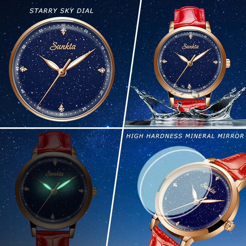 SUNKTA Top Brand Women' Watches Starry Sky Dial Ladies Quartz Wristwatch Waterproof Leather Strap Multifunction Watch for Woman