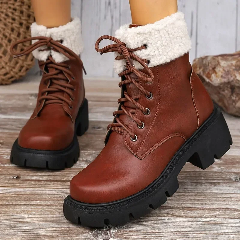 

Женские ботинки на шнуровке, коричневые удобные теплые ботинки с плюшевой подкладкой, на осень-зиму, 2023