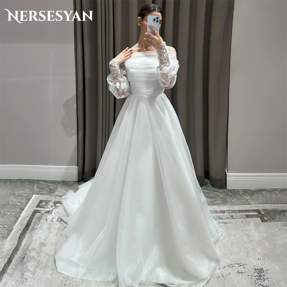 

Nersesyan Elegant Lace Wedding Dresses Long Sleeves Appliques Pleats Off Shoulder A-Line Bridal Gowns Backless Bride Dress 2024