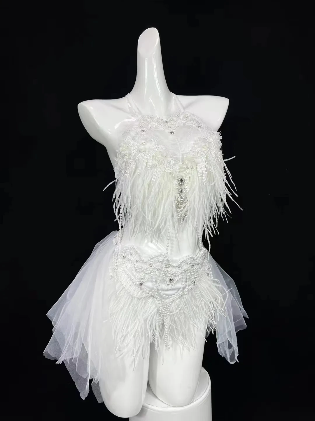Sexy Club Nightclub DJ Gogo Party Rave Outfit Dancer Stage Performance Costume Black White Feather Beads Tops Mesh Skirt