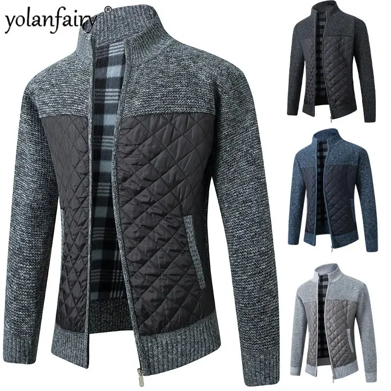 

Knitted Sweater Men Clothes Winter New Cardigan Male Top Jacket Plush Thick Fashion Mock Collar Men's Clothing Cardigans Warm FC