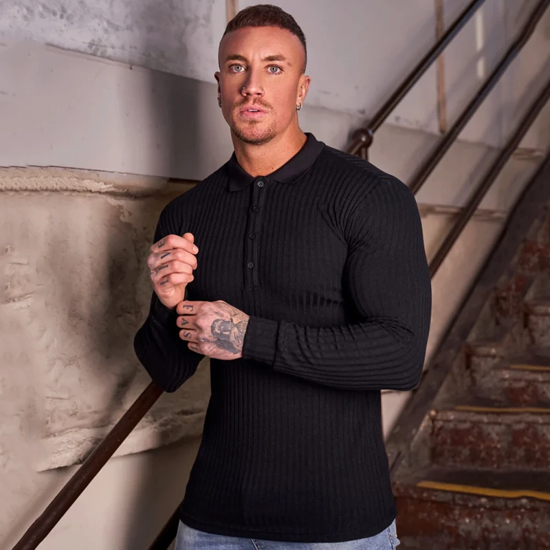 

Рубашка-поло в рубчик для отца и сыновей, Классическая Спортивная повседневная свободная тянущаяся футболка с длинным рукавом, для фитнеса, весна