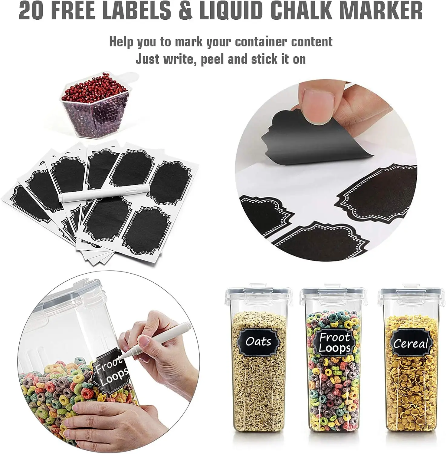 Cereal Storage Containers Set, Large BPA Free Plastic Airtight Food Storage Containers 4L /135.3oz for Cereal, Flour, Sugar, 6 P