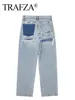 TRAFZA Jeans For Women 2024 Denim Solid Loose Zipper Fly Female Hole Trouser Pockets Wild Basic Commute Woman Wide Leg Long Pant 6