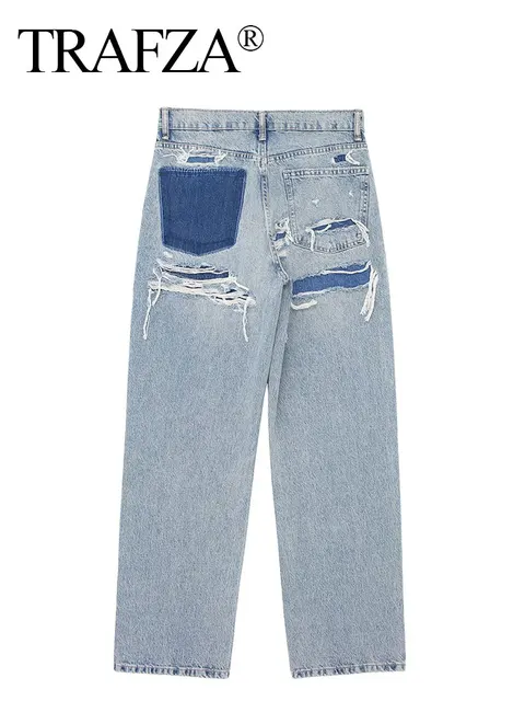 TRAFZA jean pour femmes 2024 Denim solide ample fermeture éclair mouche femme trou pantalon poches sauvage basique trajet femme jambe large pantalon Long 6