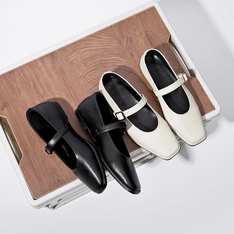 BRANGDY Mary Jane Shoes Female 2024 New Snap Ballet Shoes Women Square Toe Flat Cowhide Ladies Shoes