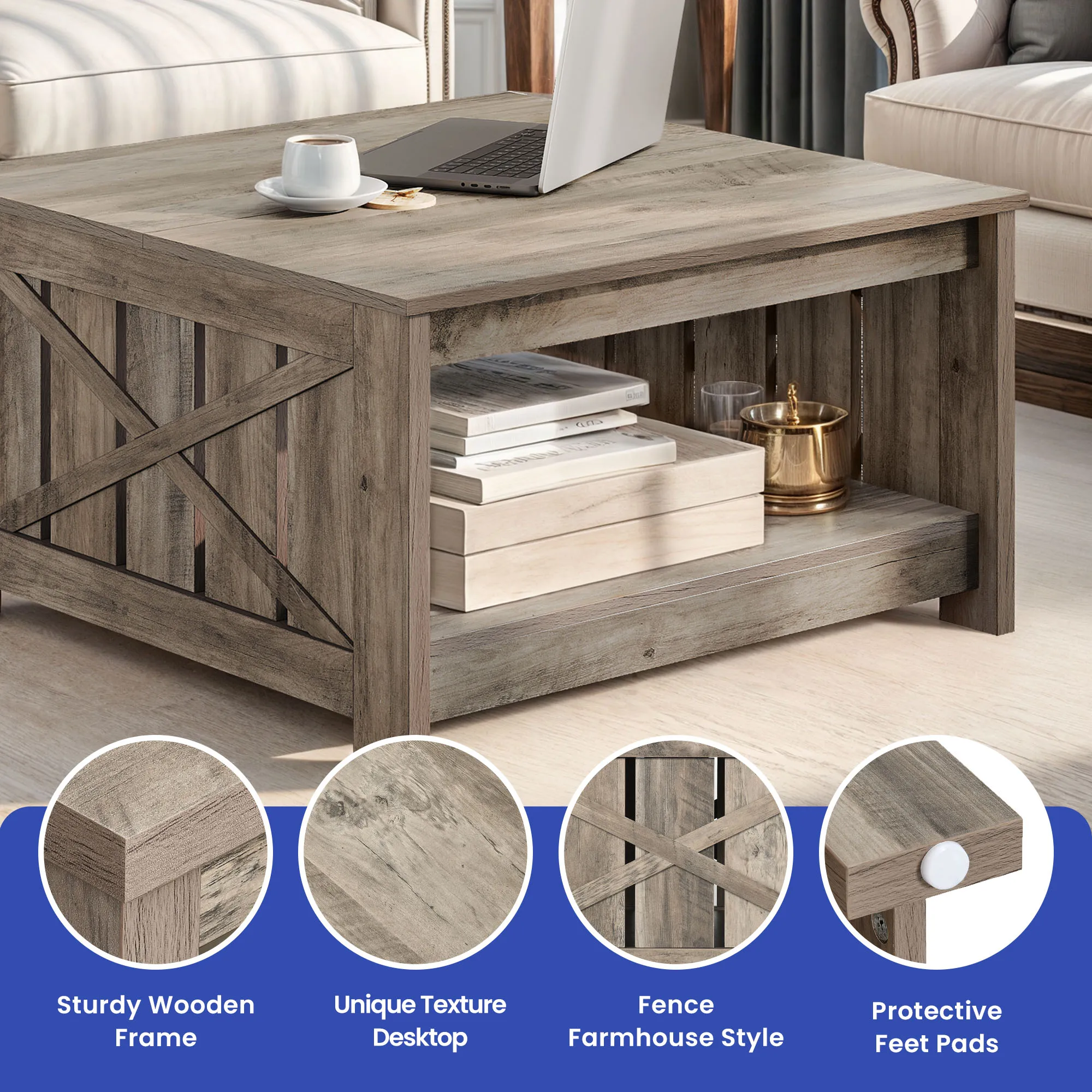 Coffee Table Farmhouse Coffee Table with Storage Rustic Wood Cocktail Table,