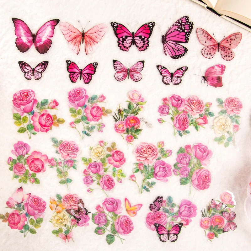 Journamm 50pcs/pack Floral Butterfly Stickers Waterproof PET DIY Scrapbooking Collage Junk Journal Aesthetics Decor Stickers