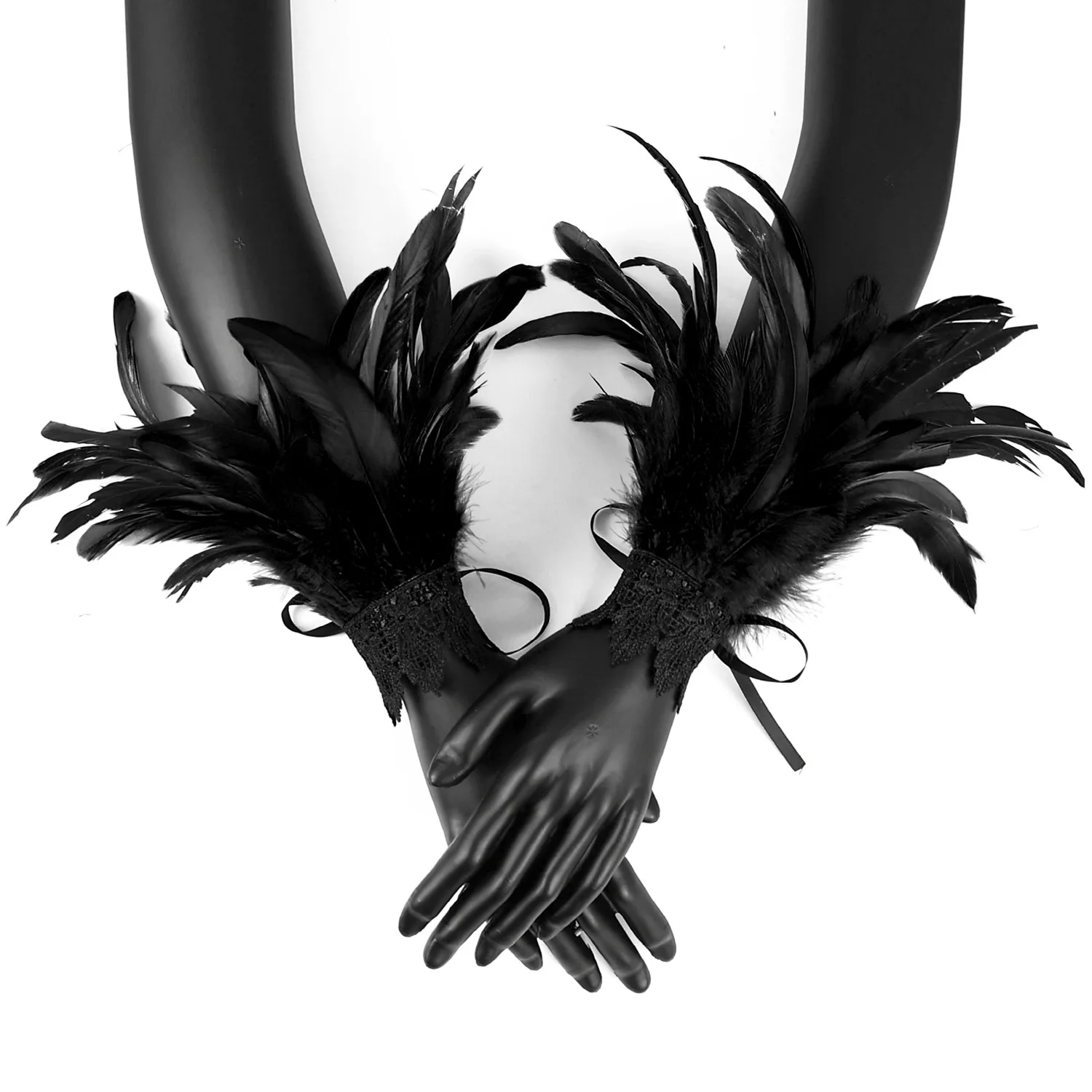 Mesh Sleeve Hook Finger Gloves Embroidery Long Lace Feather Gloves Stage Accessory Party Halloween Gothic Female Fashion Gloves