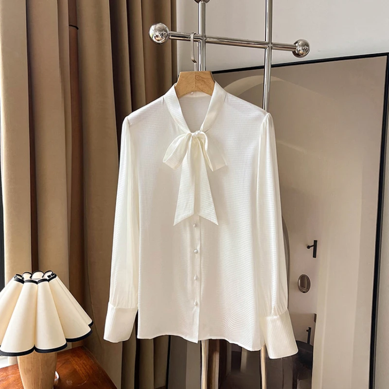 

Silk Women's Shirt Satin New Casual Blouses V-neck Spring/Summer Ladies Clothing Loose Fashion Long Sleeves Bow Solid Tops