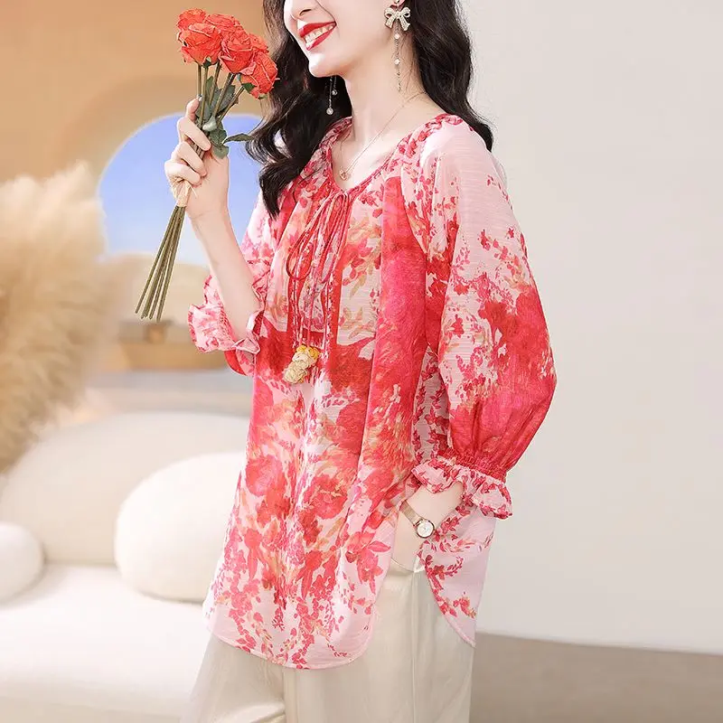 Korean Fashion Casual Lace Up O-neck Ruffled Hem Summer Bow Puff Sleeves Office Lady Shirt Blouse main image 0