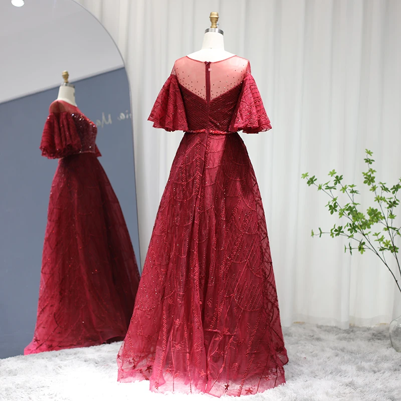 S30100531f4884e6197655787b6e46a1f1 Luxury Dubai Pink Evening Dresses for Women Wedding Party Flare Sleeves Burgundy Arabic Plus Size Formal Gowns Mallzona