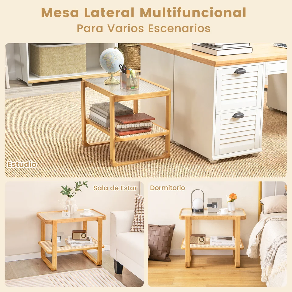 Lerliuo Mesita De Noche De Ratán, Mesa Auxiliar Boho Con Cajón Y Estante Abierto