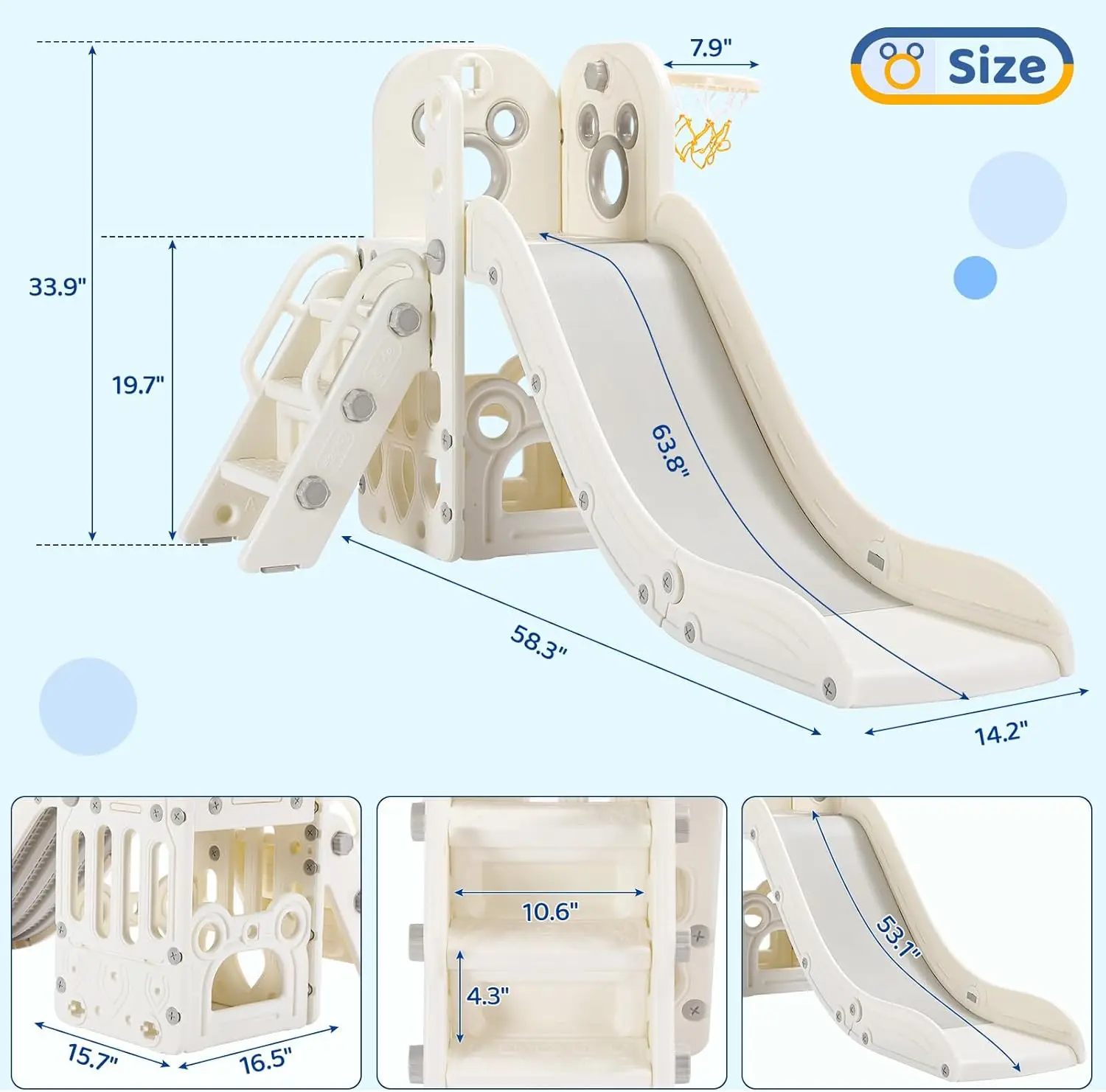 Kids Slide L-Shaped, 5 in 1 Slide Climber for Toddler, with Ball & Hoop,Storage Space and Non-Slip Steps,In/Outdoor Baby Playset 4