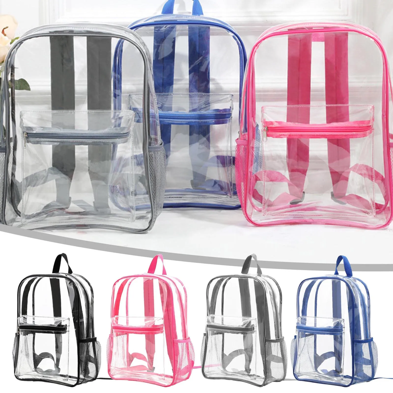 

Clear Backpack PVC Transparent Backpack Stadium Approved With Reinforced Strap School Bookbag For School Workplace Stadium