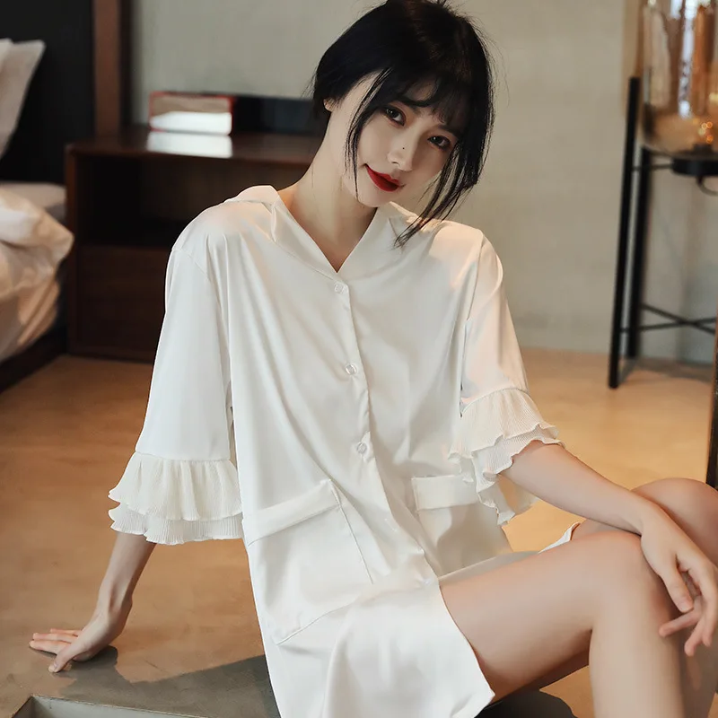 

Women White Shirtdress Sleepwear Nightwear Summer Sexy Satin Night Dress Nighties Nightgown