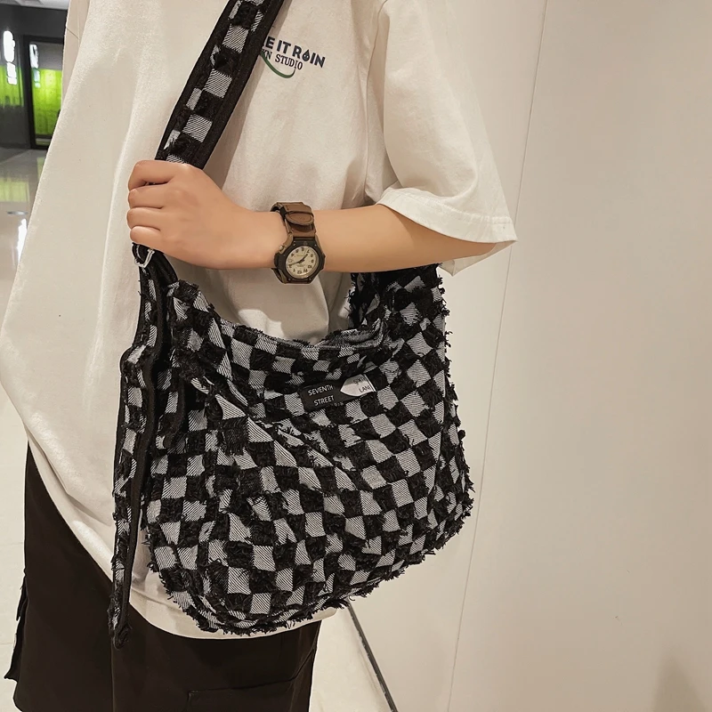 Checkered Women's Bag 2022 Trend Denim Tassel Shoulder Bag Jeans Big Shopping Eco Bag Large Capacity Crossbody Bags Casual Daily