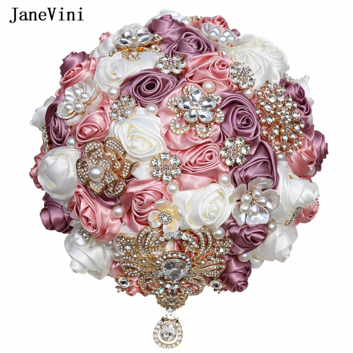 JaneVini-Bouquet de Luxe Rouge Foncé avec Strass, Bijoux pour Patients, Fleurs Artificielles pour Mariée, Ruban avec Perles