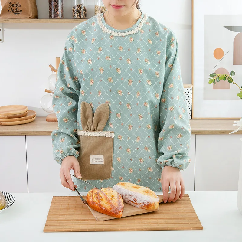 

Фартук с длинным рукавом для дома и кухни, милые кроличьи ушки, японская свежая маленькая Ароматизированная клетчатая повязка с обратной стороны