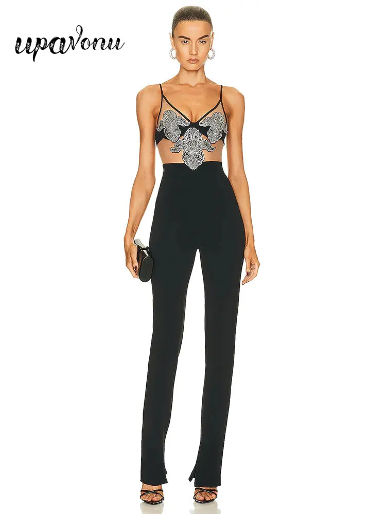 

2023 Sexy Sling Bandage Jumpsuit Women V-Neck Sleeveless Gauze Patchwork Backless Tight-Fitting Evening Diamond Pencil Jumpsuit