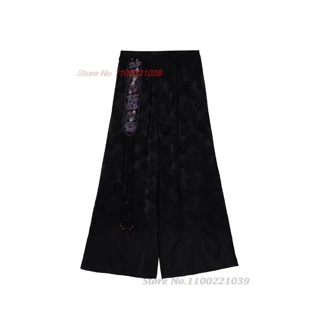 chinese vintage flower embroidered pants traditional satin jacquard mesh trousers national elastic waist wide leg pants