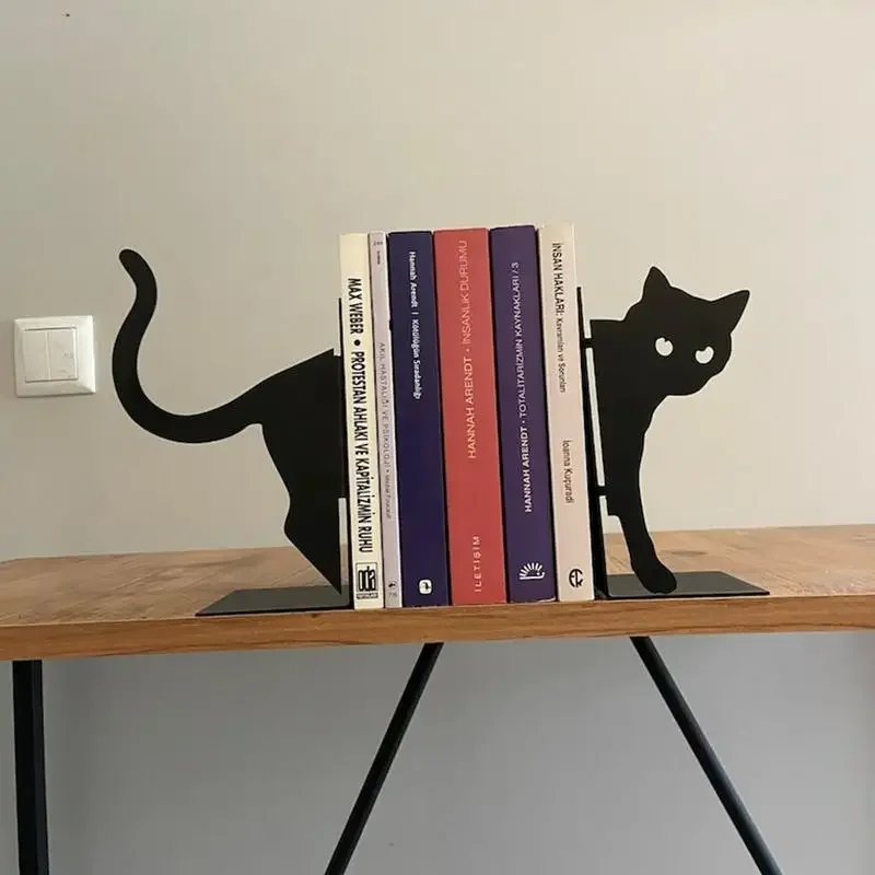 1 Pair Cute Cat Bookends for Heavy Books Black Bookends Creative and Cute Cat Shape Household Metal Animal