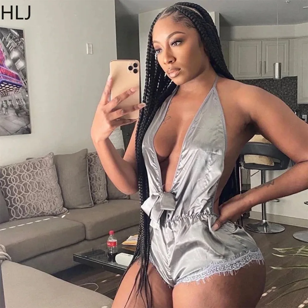 HLJ Sexy Hollow Halter Bodycon Rompers Women Sleeveless Bandage Backless Slim Jumpsuits Fashion Solid Nightclub Overalls 2023