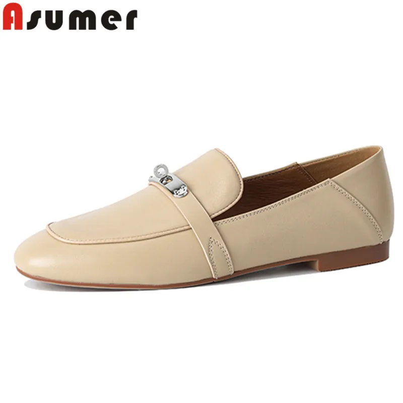 

ASUMER 2024 New Metal Decoration Ladies Dress Pumps Slip On Square Low Heels Shoes Woman Genuine Leather Shallow Shoes